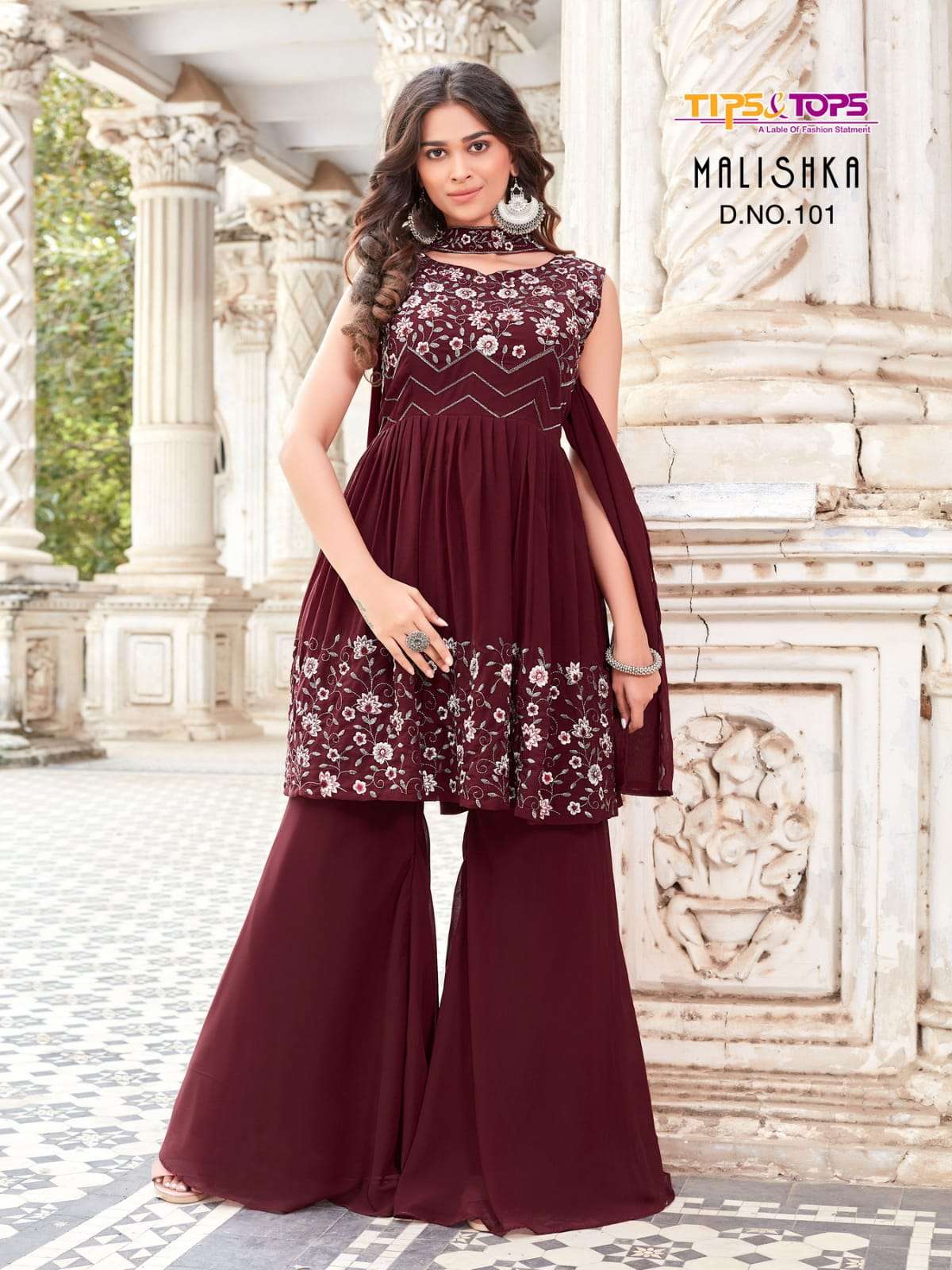 Tips And Tops-malishka-fabrics-georgette-embroidery-work-kurti- With-inner- Sequecne -fancy-side Zip-pant- Premium Georgette-dupatta-101